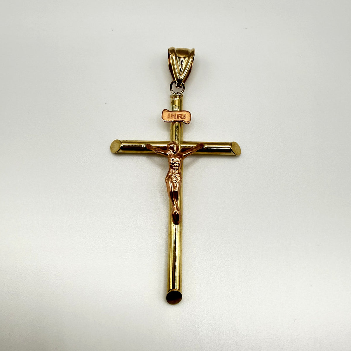 10K Rose & Yellow Gold Pipe Crucifix Cross Pendant - 2.5 in