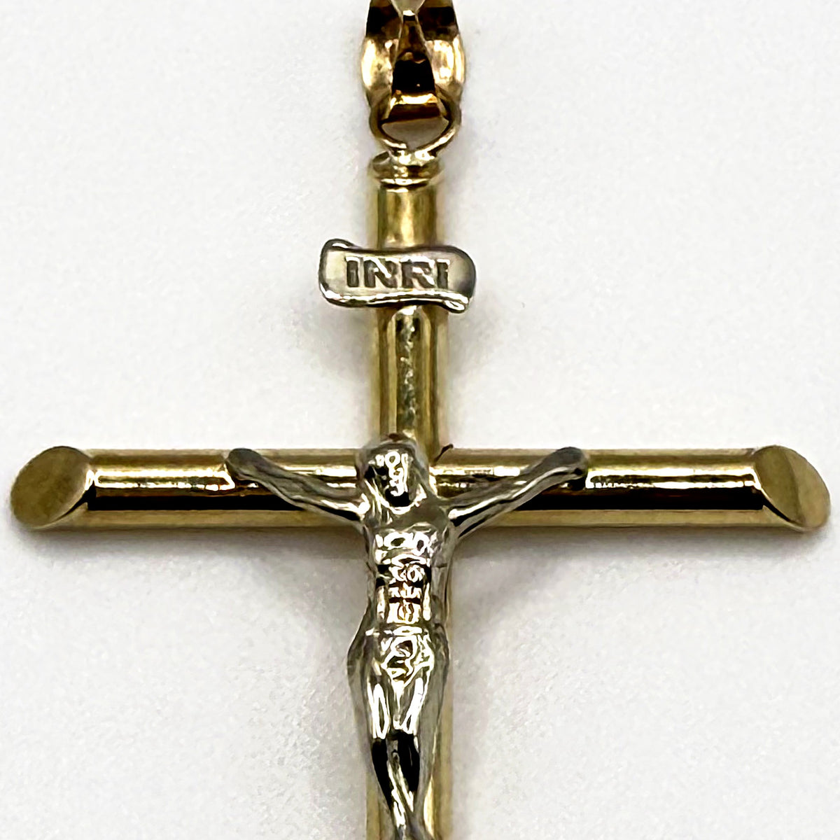10K White & Yellow Gold Pipe Crucifix Pendant – 2.1 in