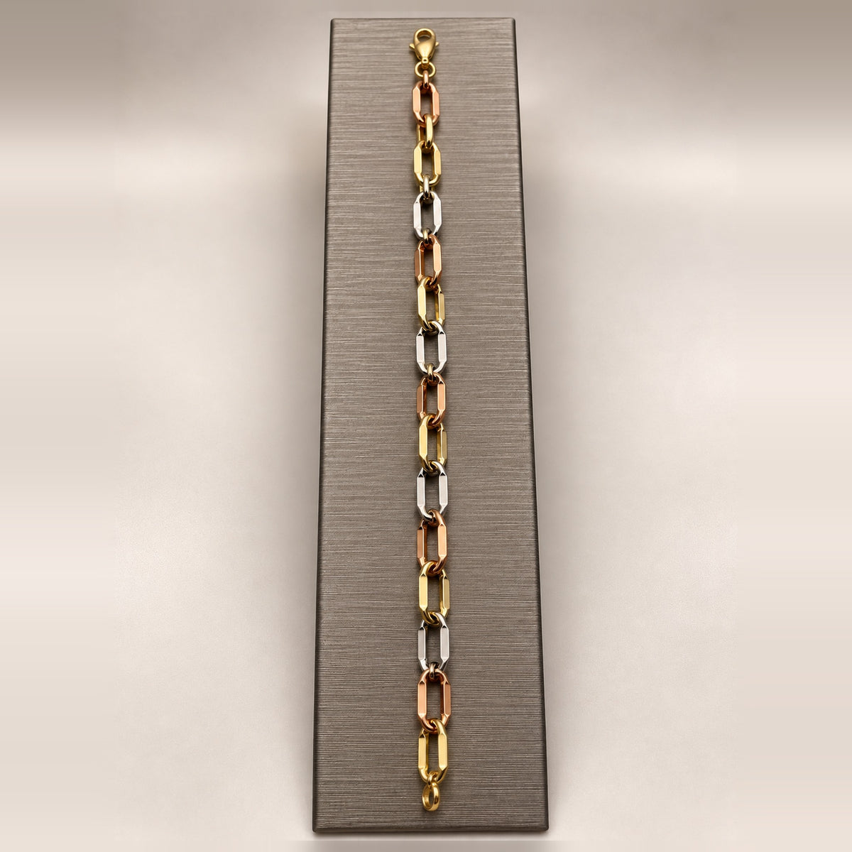 14K Tri-Tone Gold Faceted Link Bracelet – 8 in