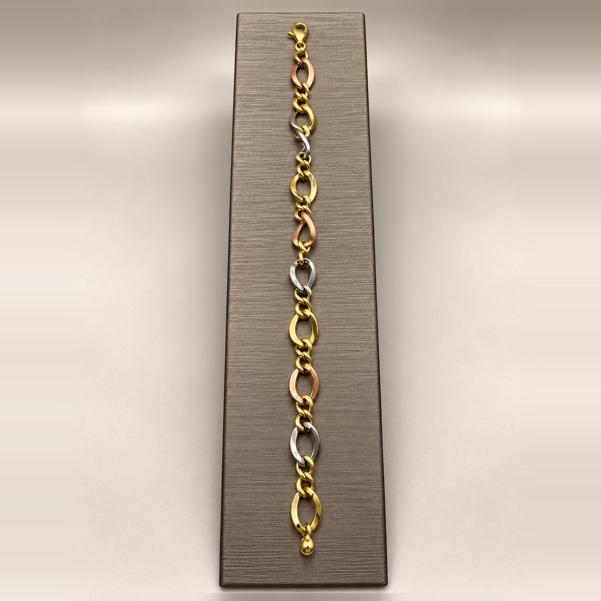 14K Tri-Tone Gold Open Link Bracelet – 8 in