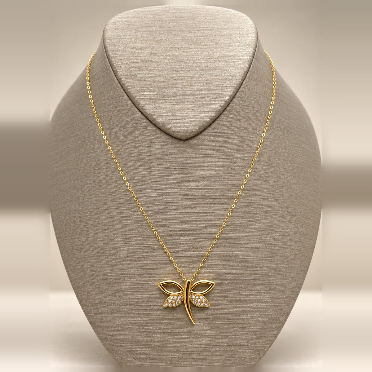 18K Yellow Gold Dragonfly Necklace with CZ – 18 in